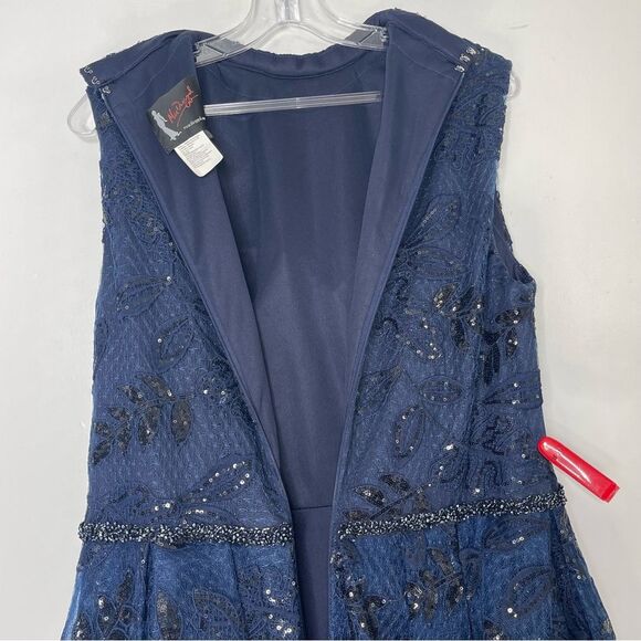 Mac Duggal 20098 Size 14 High Mock-Neck Beaded Column Gown with Overskirt, Navy - Picture 7 of 14